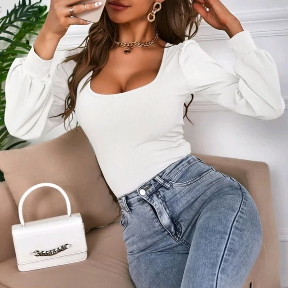 SHEIN White Puff Sleeve Long Sleeve Top Blouse, Size Medium - Picture 4 of 10